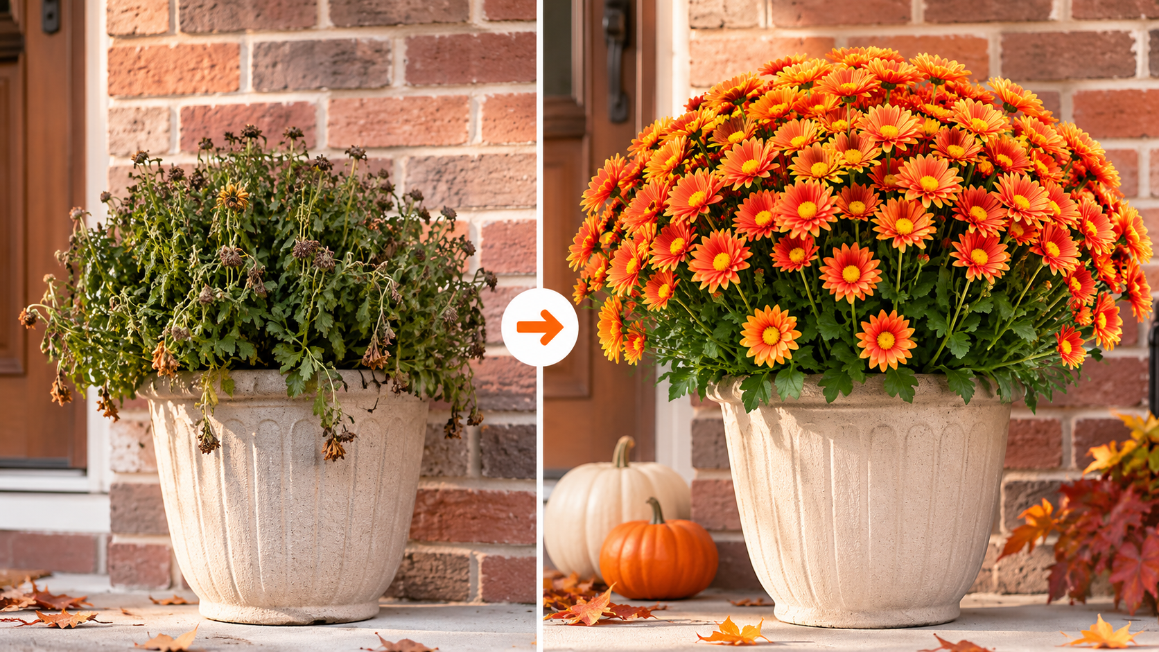 Before-and-after graphic comparing a wilted live mum planter with a full artificial sunset mum arrangement