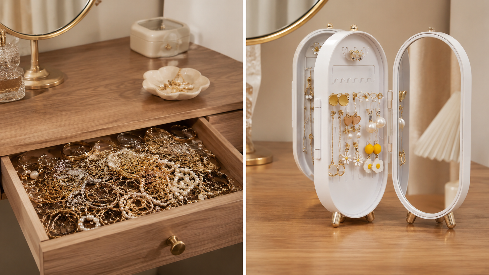 Suggested image: before-and-after comparison of tangled jewelry in a drawer versus organized jewelry in the PAVAROA box