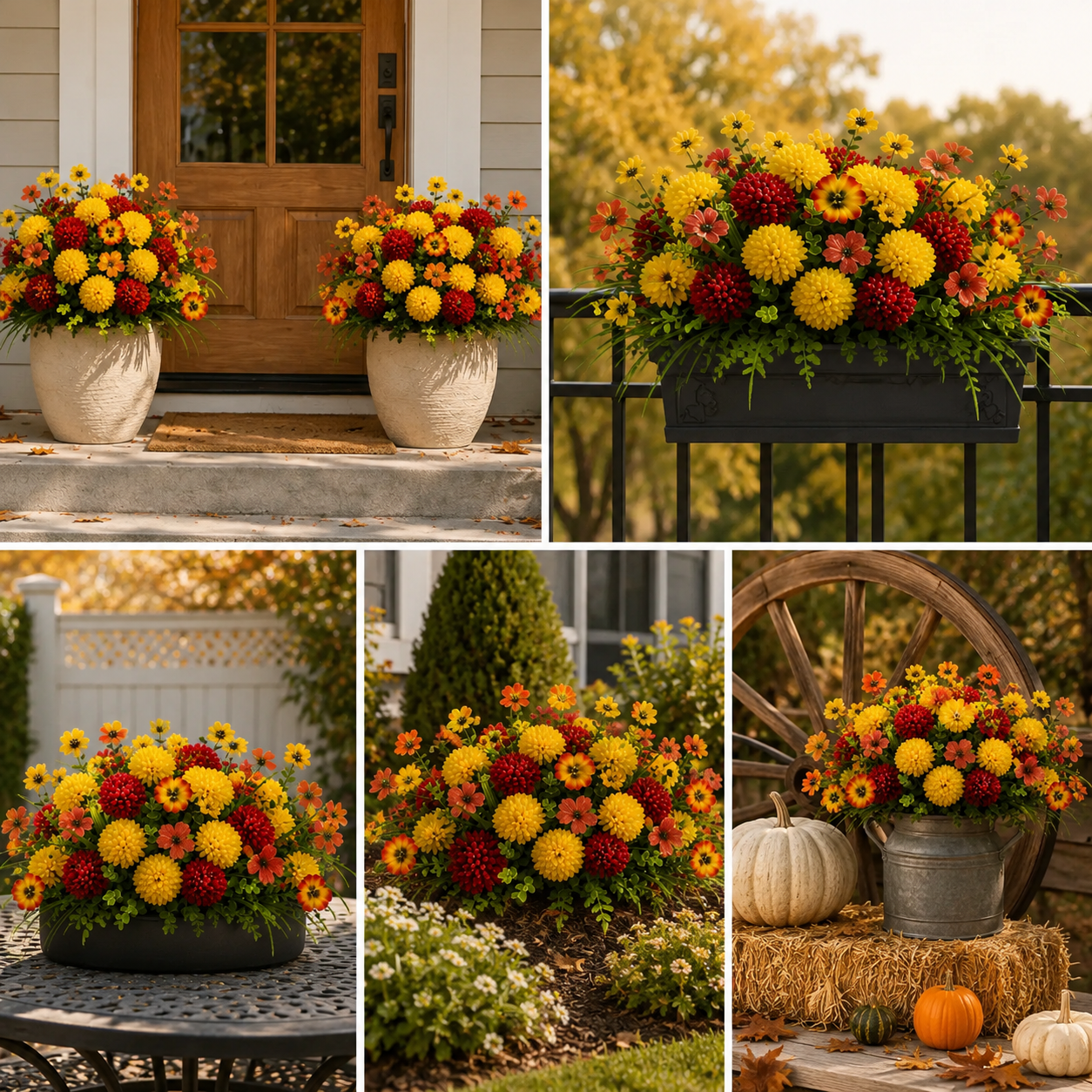Collage showing the flower set styled on a porch, balcony, tabletop, garden bed, and harvest display