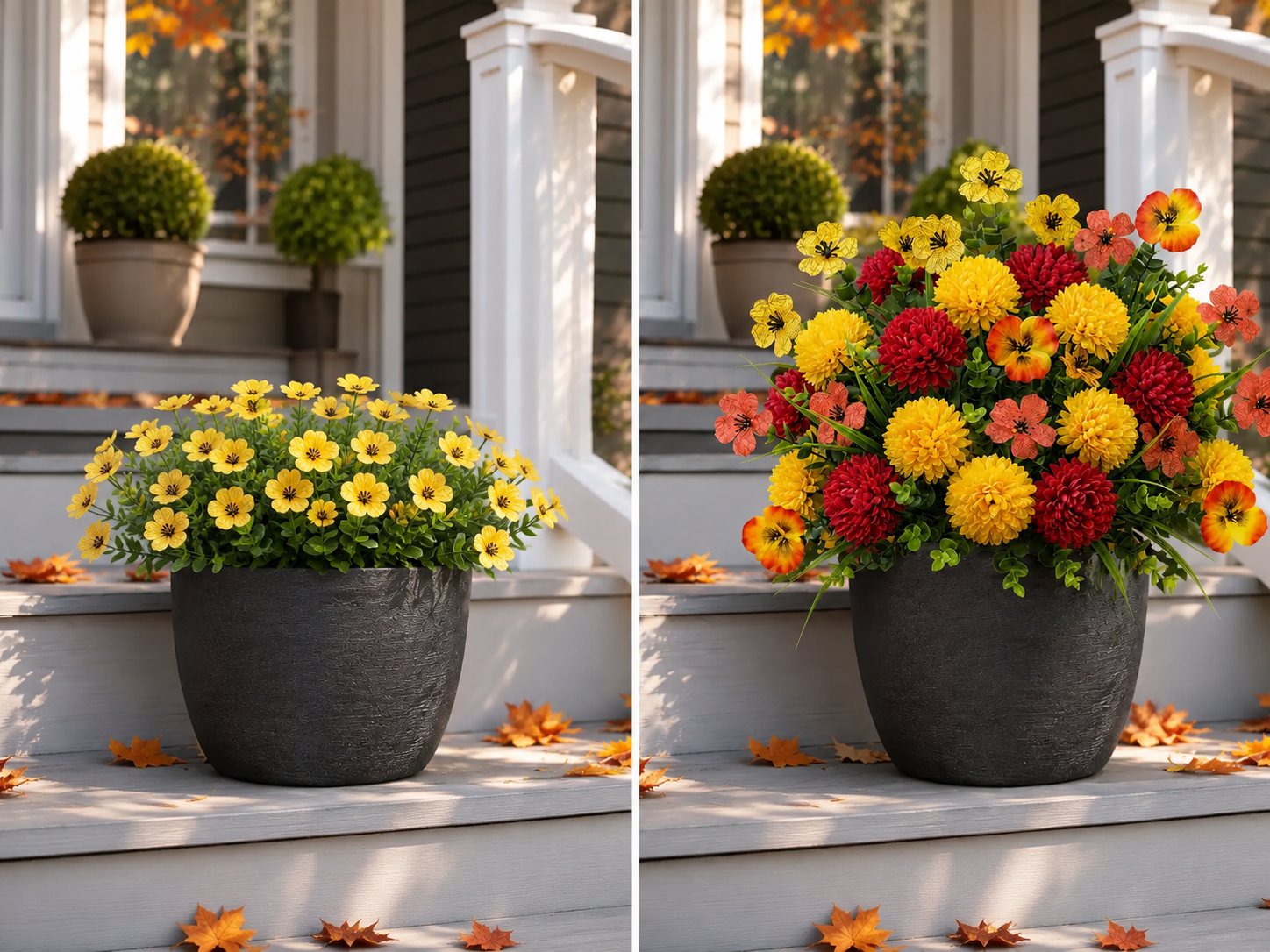 Side-by-side comparison of a flat single-flower bouquet versus a layered mixed artificial fall arrangement