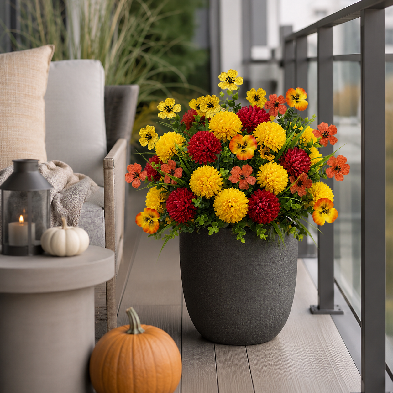 Simple modern balcony planter using the artificial flowers with restrained autumn decor