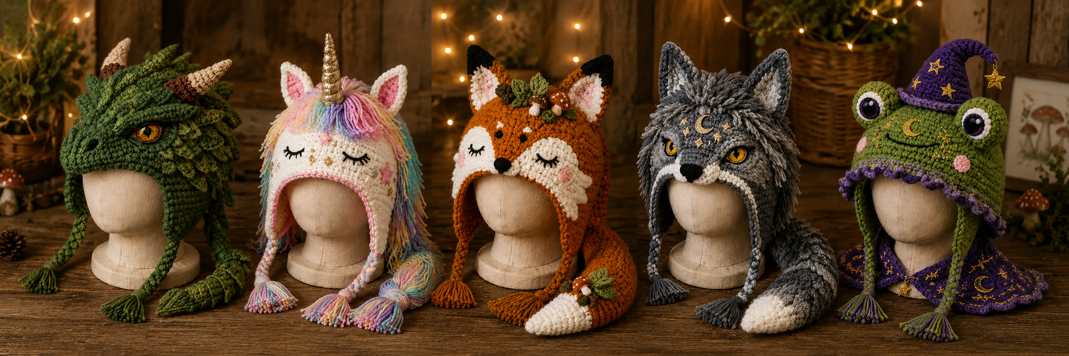 Suggested image: lineup showing all five completed hood designs: Dragon, Unicorn, Fox, Wolf, and Frog
