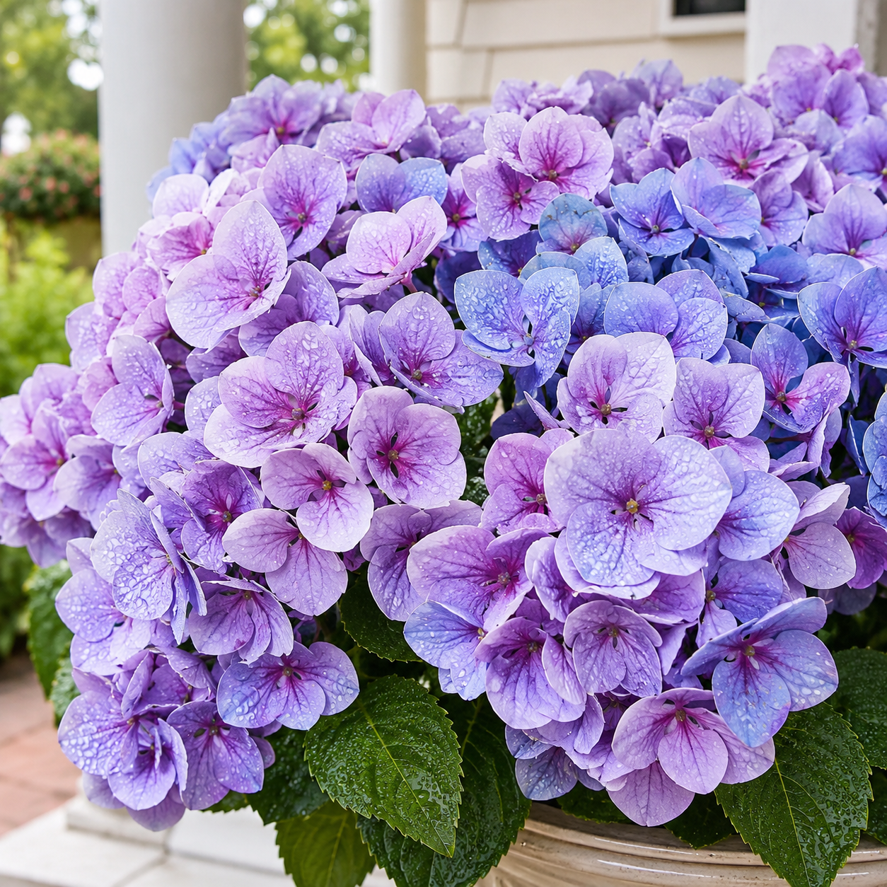 Close-up of rain droplets rolling off water-resistant artificial hydrangea petals on a porch
