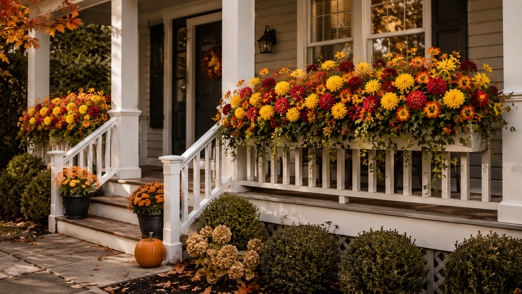Front porch view from the sidewalk showing a full layered planter with balanced autumn color