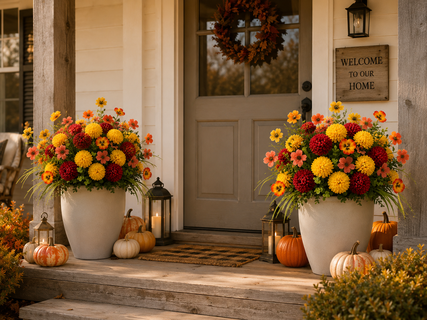 Farmhouse-style porch with artificial fall flowers, pumpkins, lanterns, and neutral planters