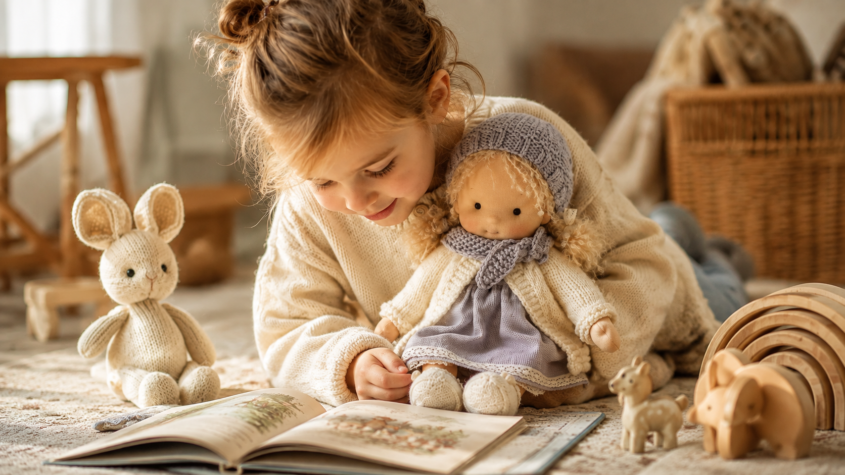 Suggested image: close portrait of a child creating a story with the doll beside wooden toys and picture books