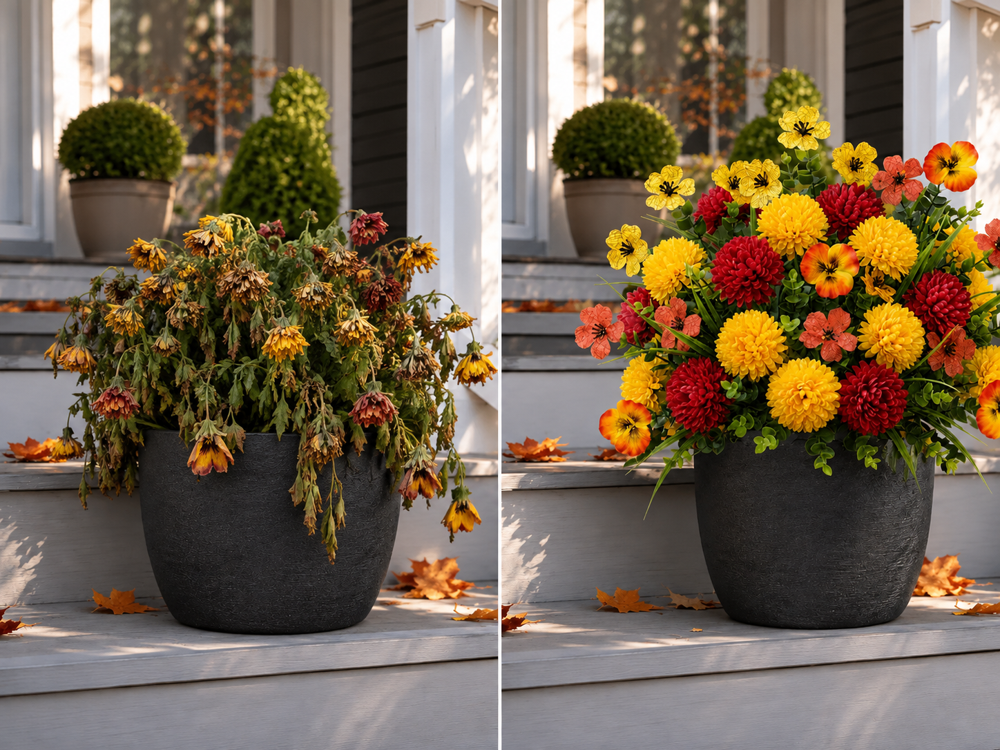 Split scene showing wilted real flowers and a neat maintenance-free artificial fall flower planter