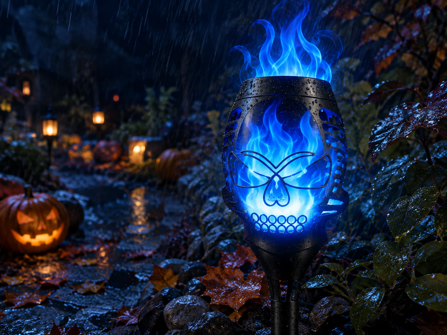 Suggested image: Halloween skull flame light glowing outdoors with visible rain droplets or wet autumn leaves to illustrate IP65 weather resistance