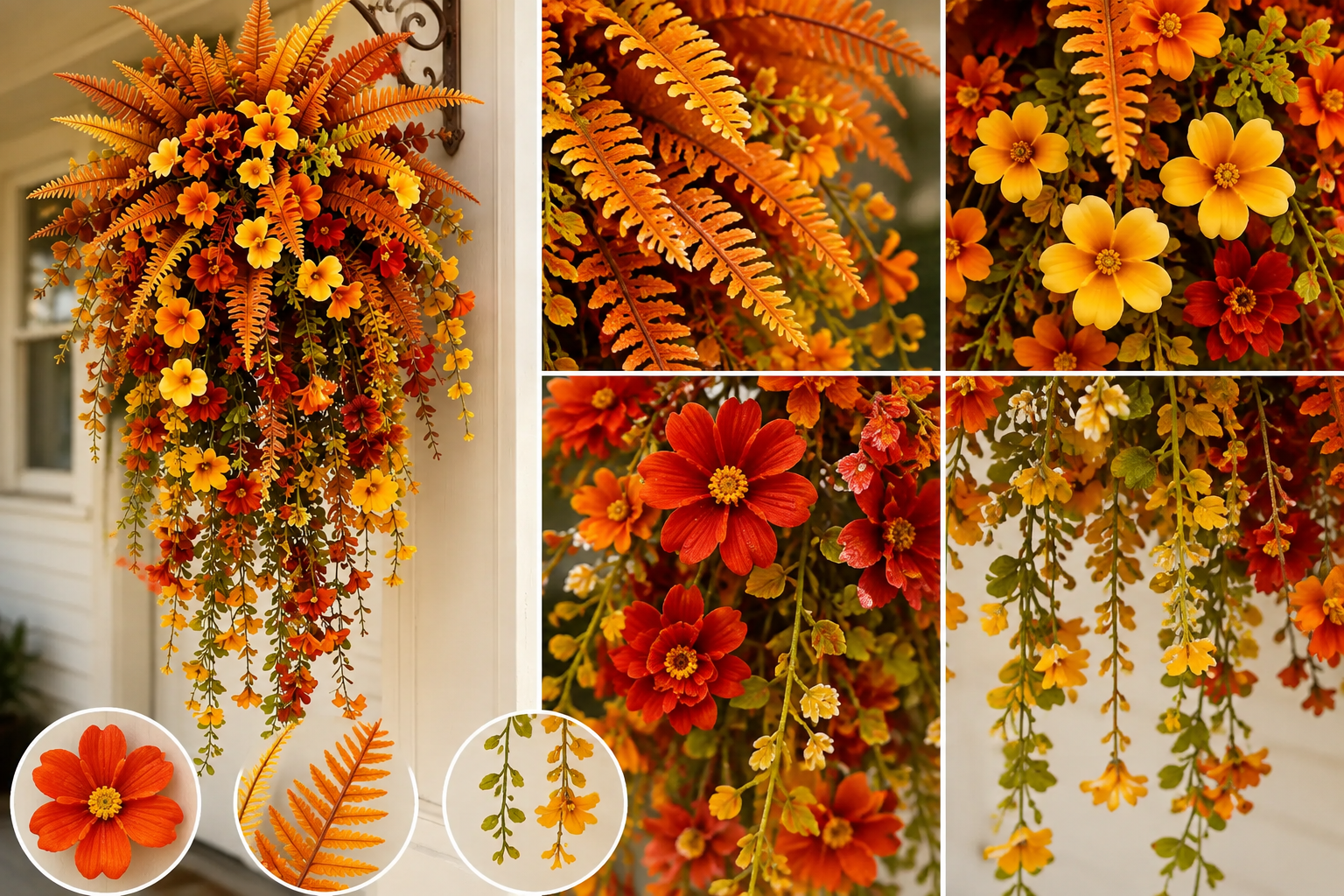 Close-up comparison showing the hanging basket's orange, golden yellow, warm red flowers, fern foliage, and trailing vines