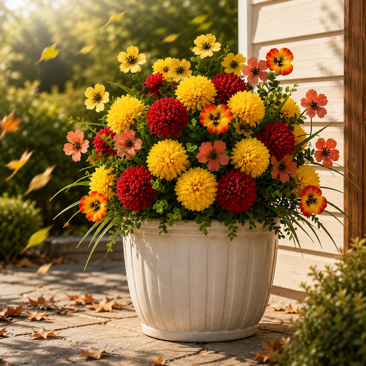 Outdoor image of the artificial fall flowers holding their shape and color in sun and breezy weather