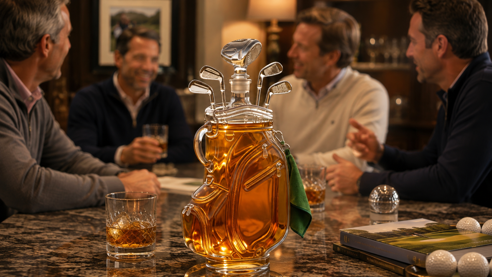 Suggested image: exact decanter centered on a home bar while adult golf friends sit and talk in the softly blurred background