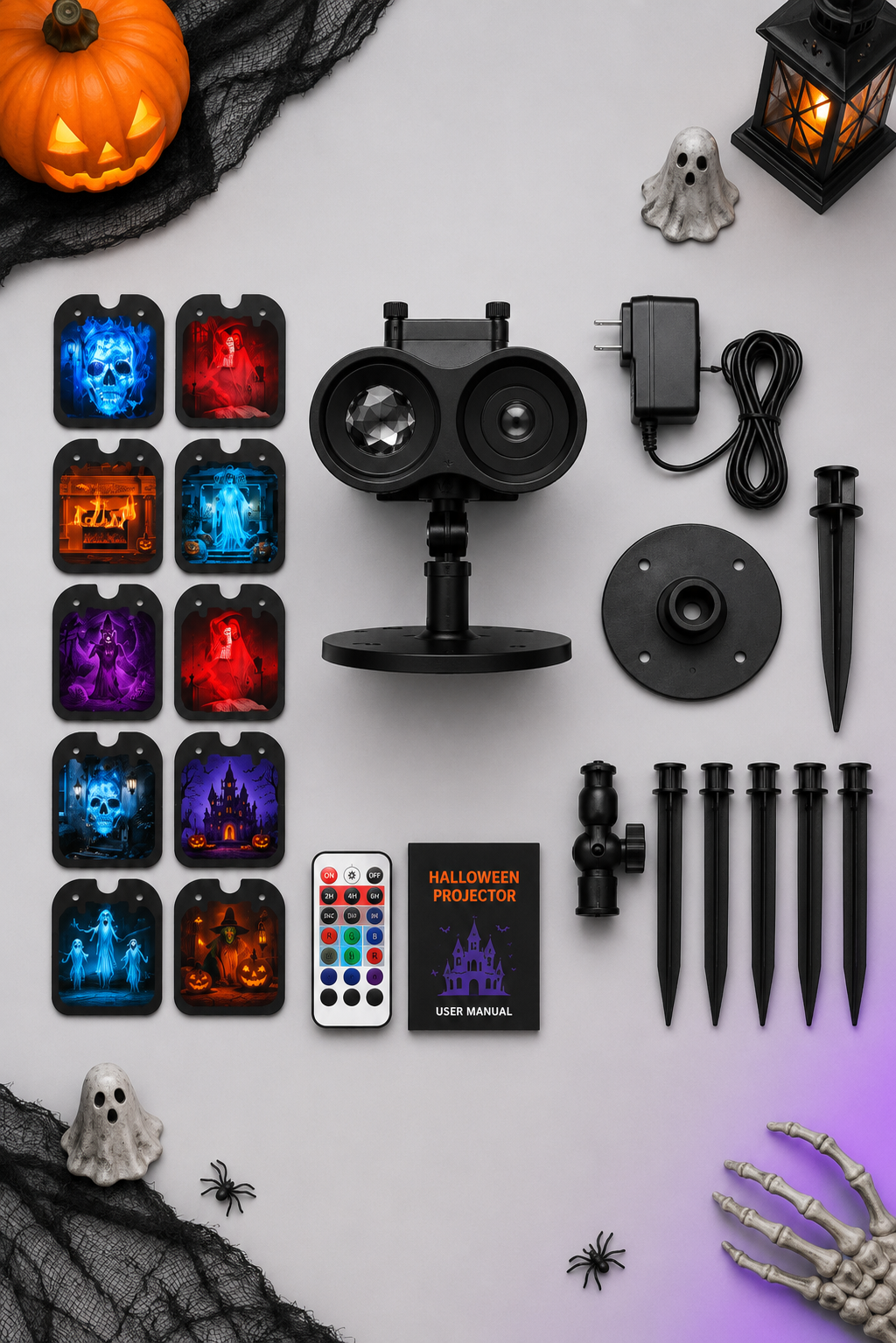 Image suggestion: clean product-focused photo of the Halloween projector beside its 10 pattern cards and outdoor mounting accessories