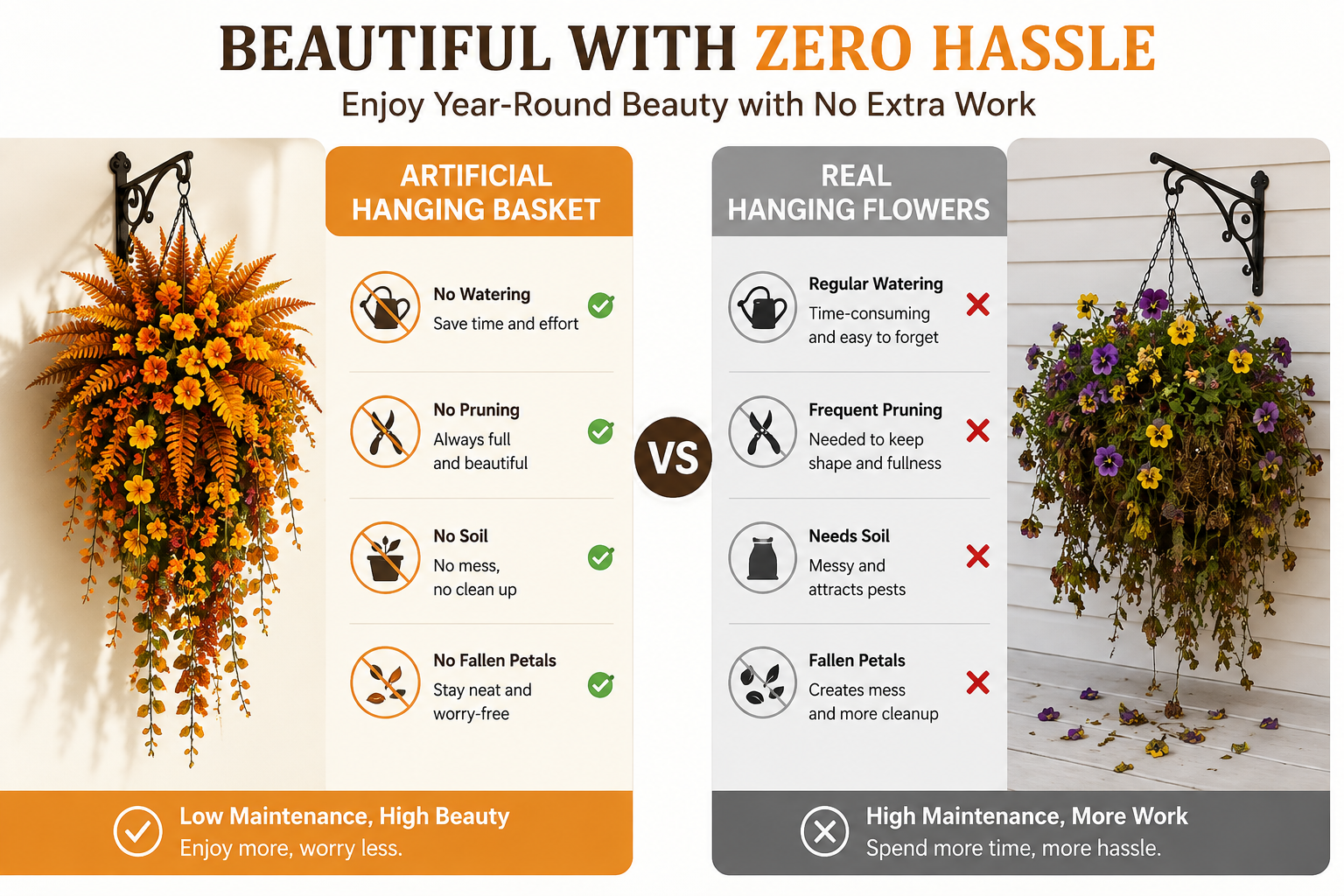 Maintenance comparison graphic showing no watering, no pruning, no soil, and no fallen petals