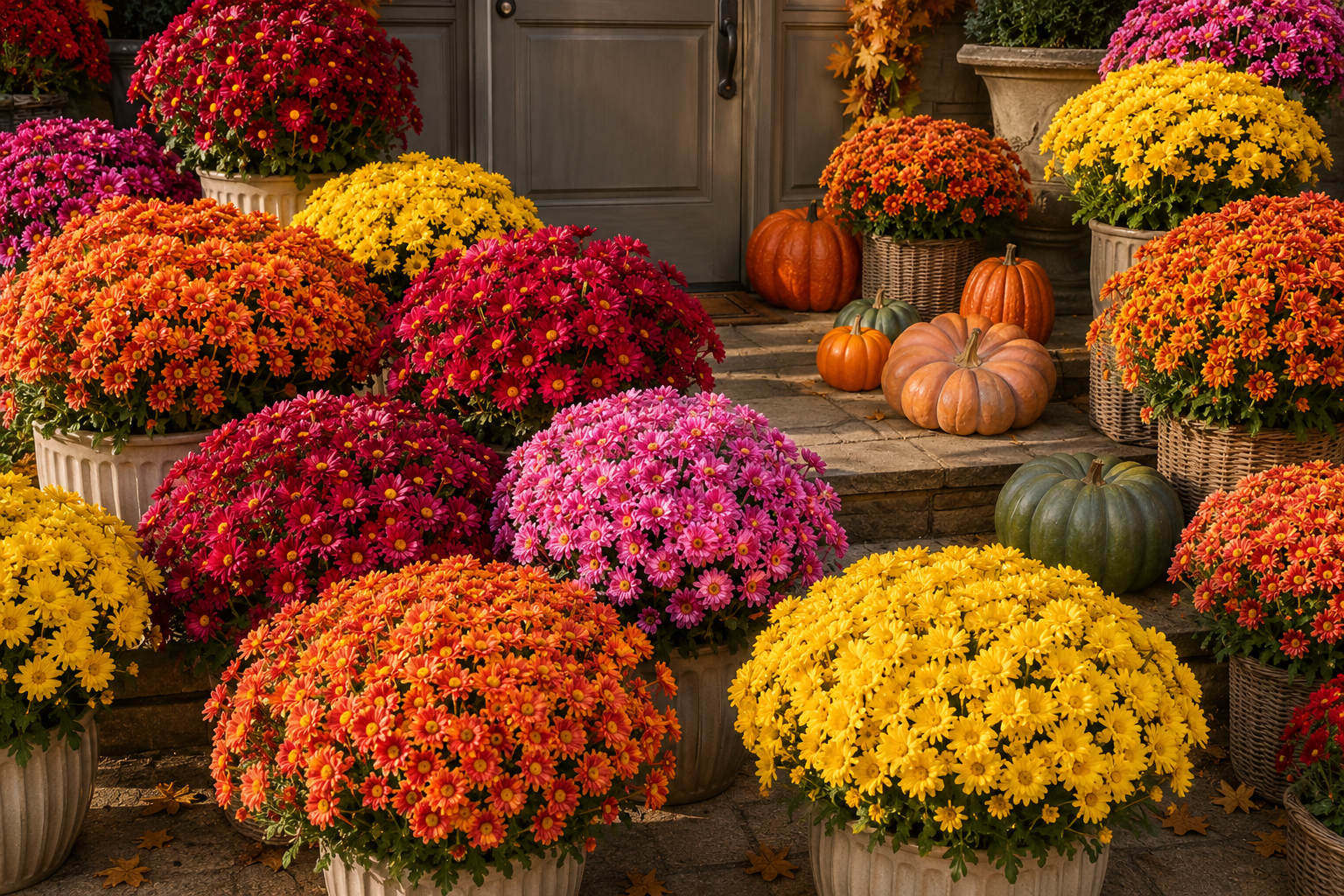 Lifestyle photo of artificial sunset mums decorating front steps with pumpkins and a fall wreath