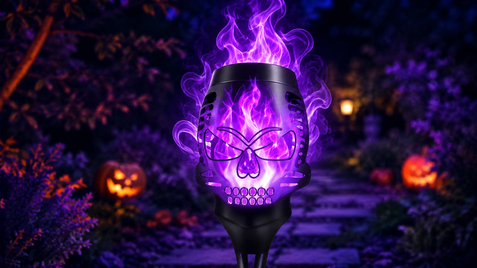 Suggested image: close-up nighttime photo of one Sevinq skull light showing the skull face and flickering flame-style illumination