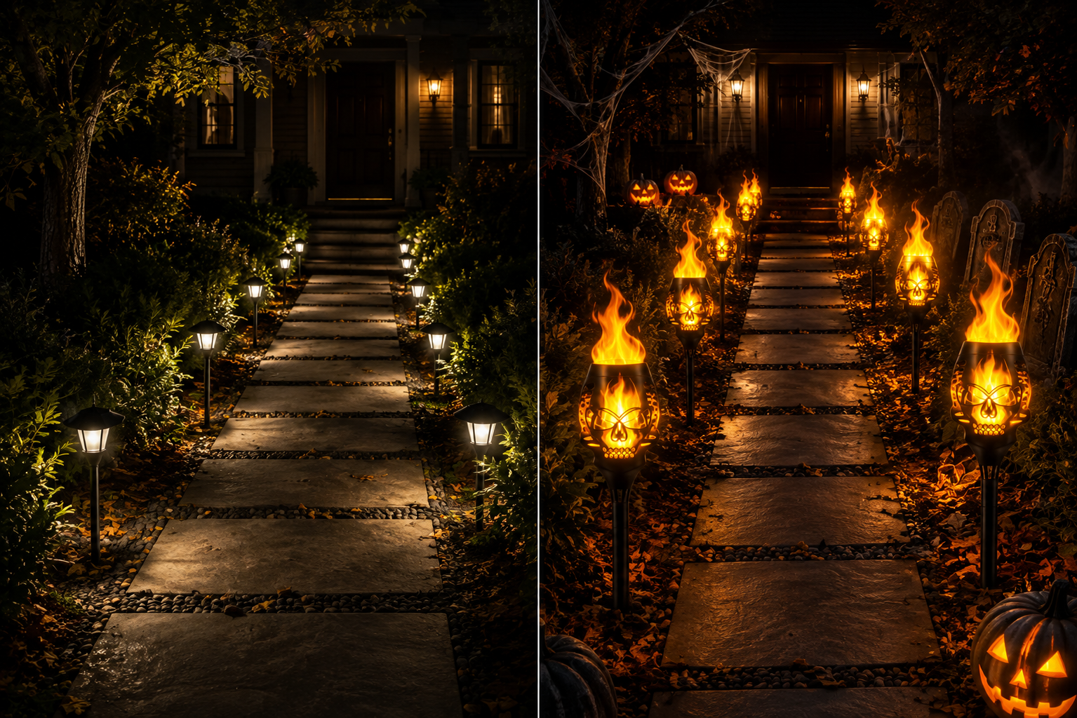 Suggested image: comparison scene with plain pathway lighting on one side and Halloween skull flame lights creating a more haunted atmosphere on the other
