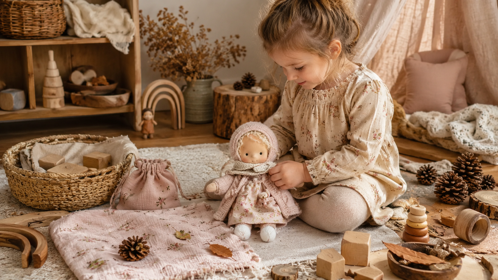 Suggested image: screen-free play scene with Serendity doll fabric pieces wooden blocks and natural loose parts