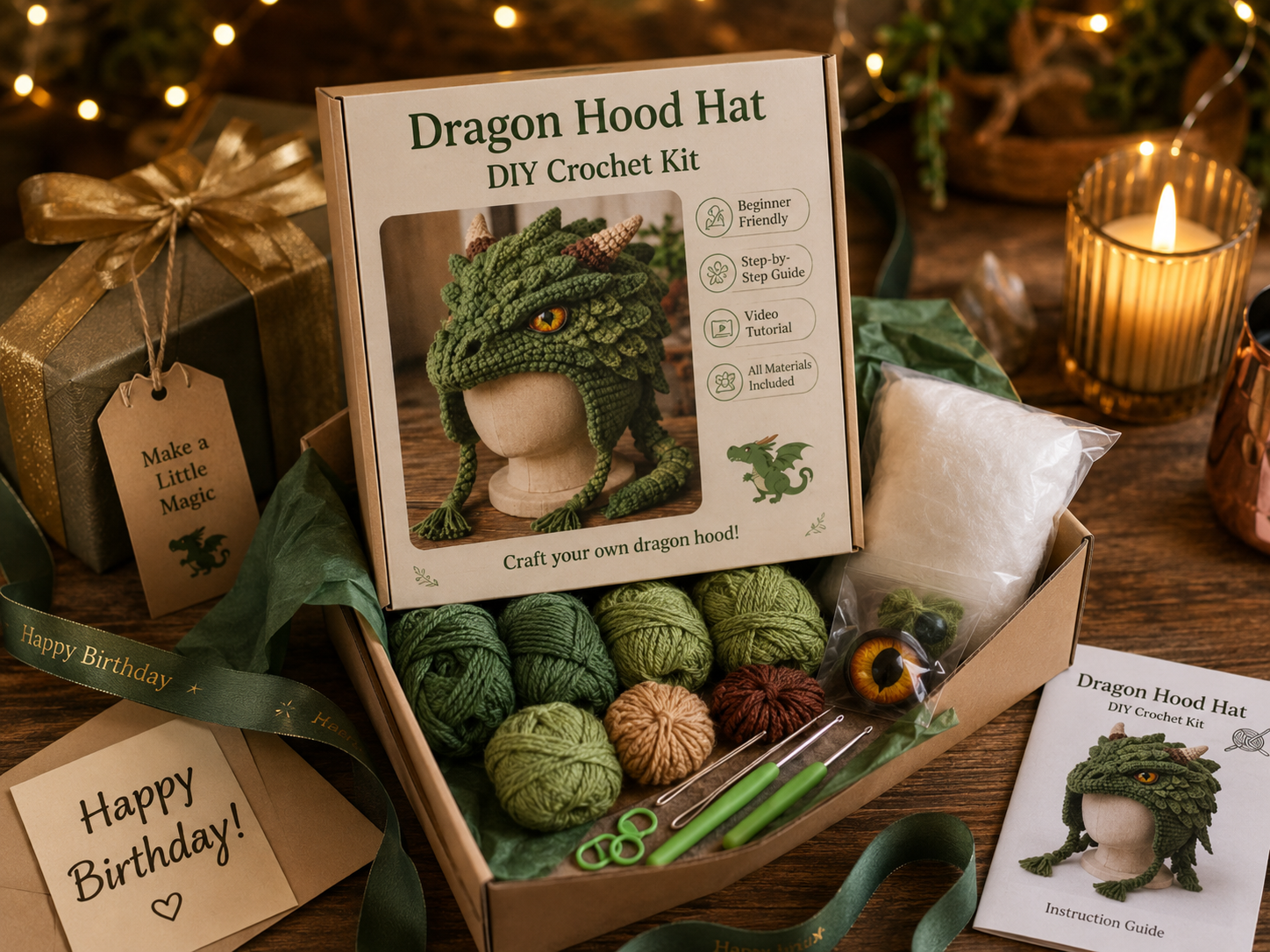 Suggested image: fantasy crochet kit presented as a creative birthday or holiday gift