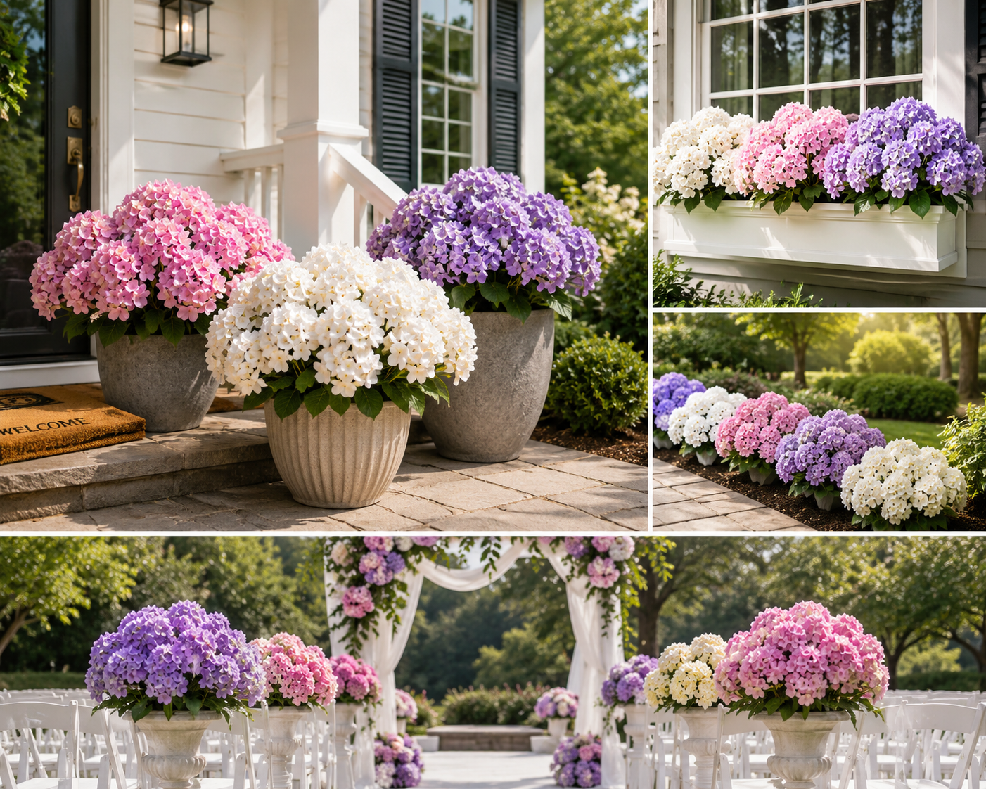 Hydrangea flowers styled in porch pots, window boxes, garden beds, and outdoor wedding decor
