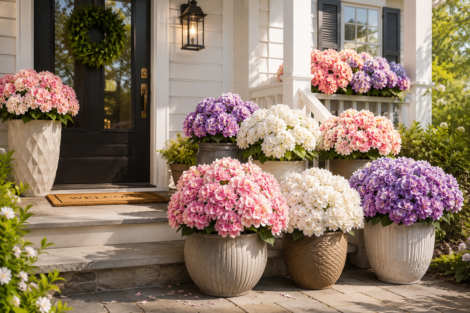 An elegant front porch with multiple FAUXELY hydrangea planters beside the doorway