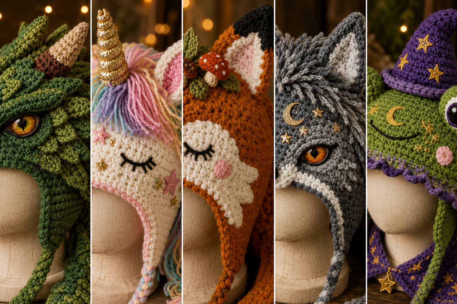 Suggested image: close-up comparison of the unique decorative details for the five fantasy hood styles