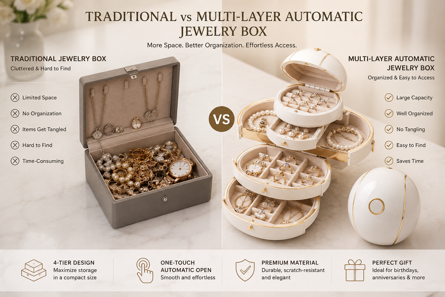 Comparison graphic showing ordinary jewellery storage and the unfolding multi-layer design
