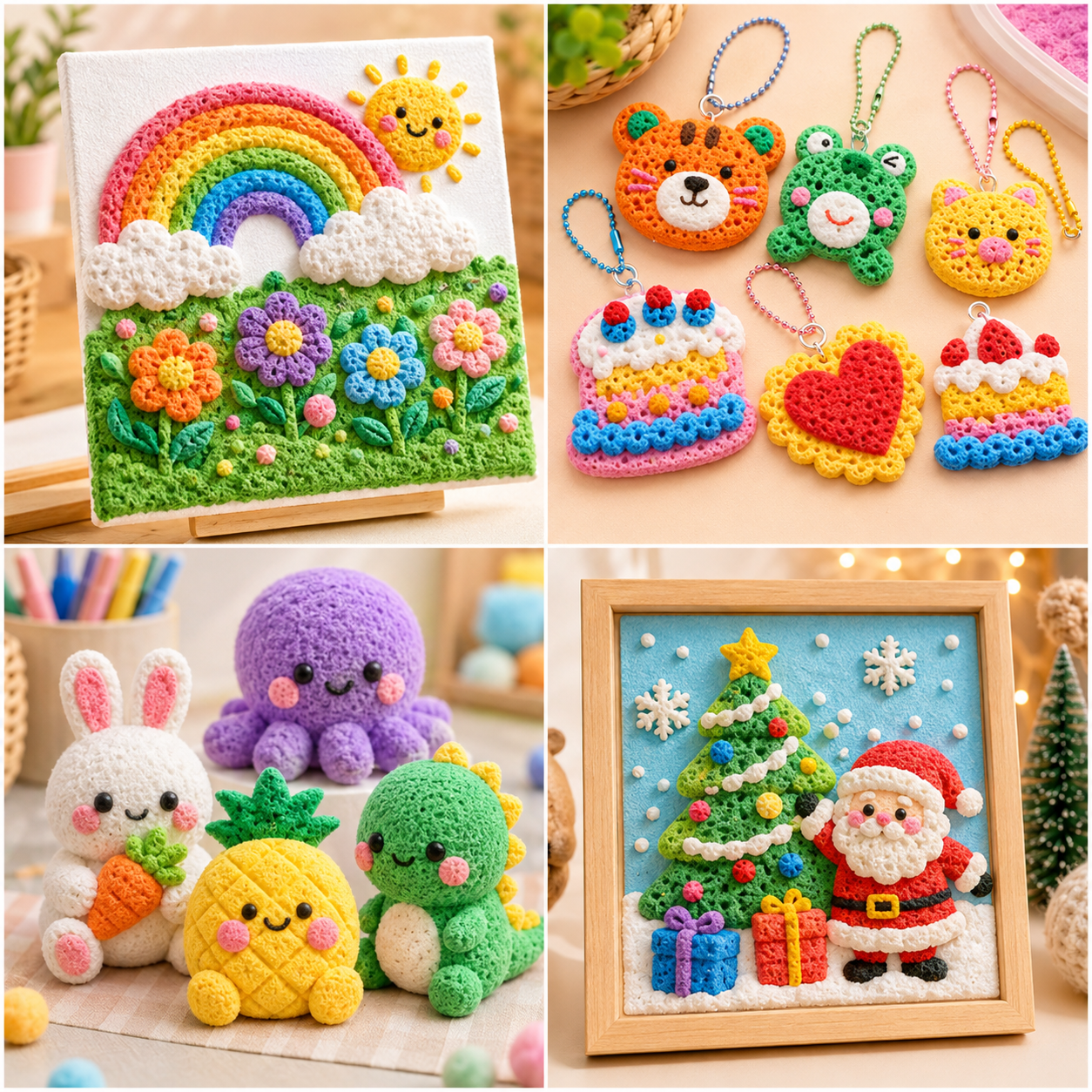 Suggested image: collage of different projects such as textured painting, charm, squishy character, and decorative artwork