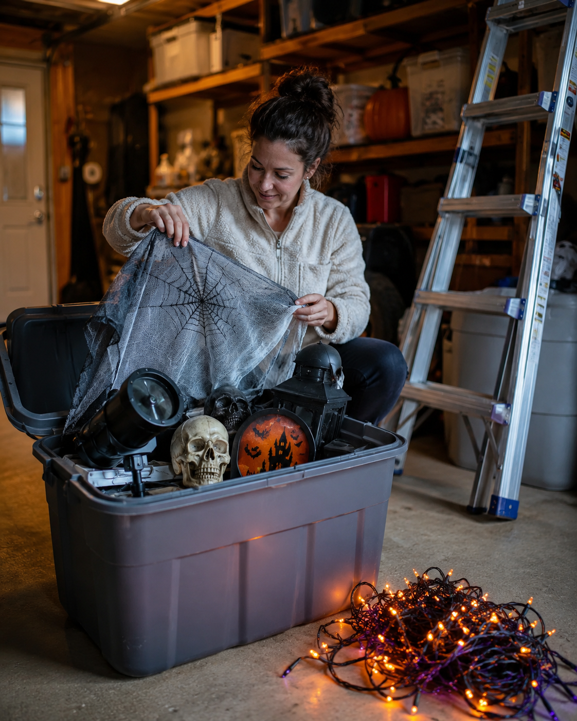 Image suggestion: homeowner opening crowded Halloween storage bins beside tangled string lights and a ladder