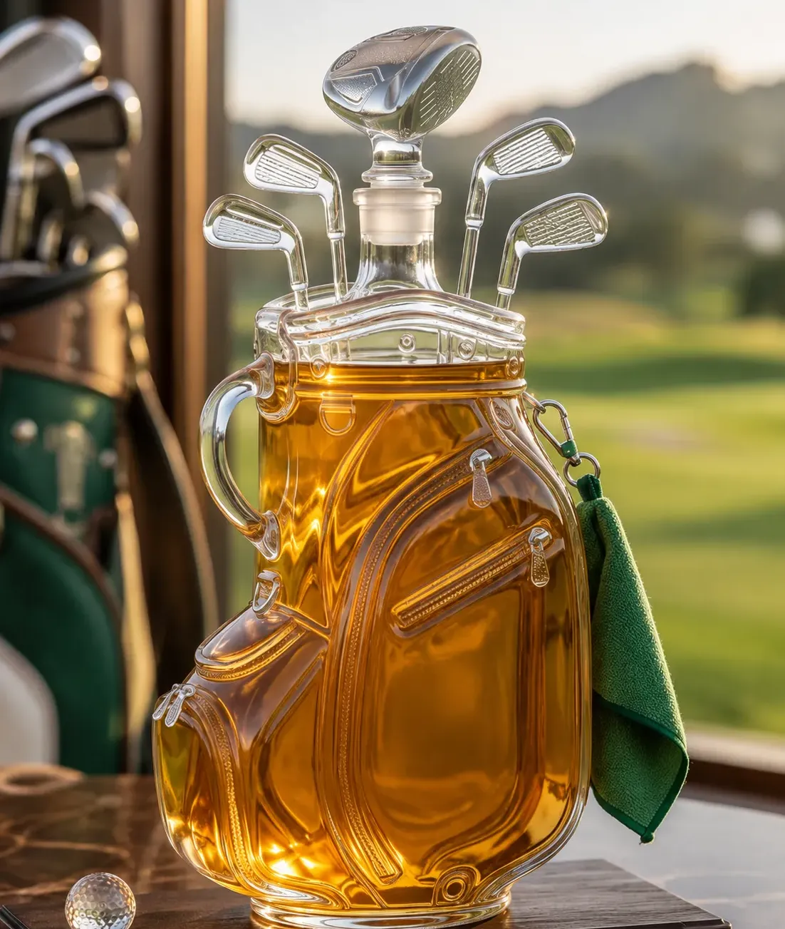 Suggested image: detailed side-angle product photograph highlighting the sculpted golf bag pockets, zipper textures, clubs, and accessories