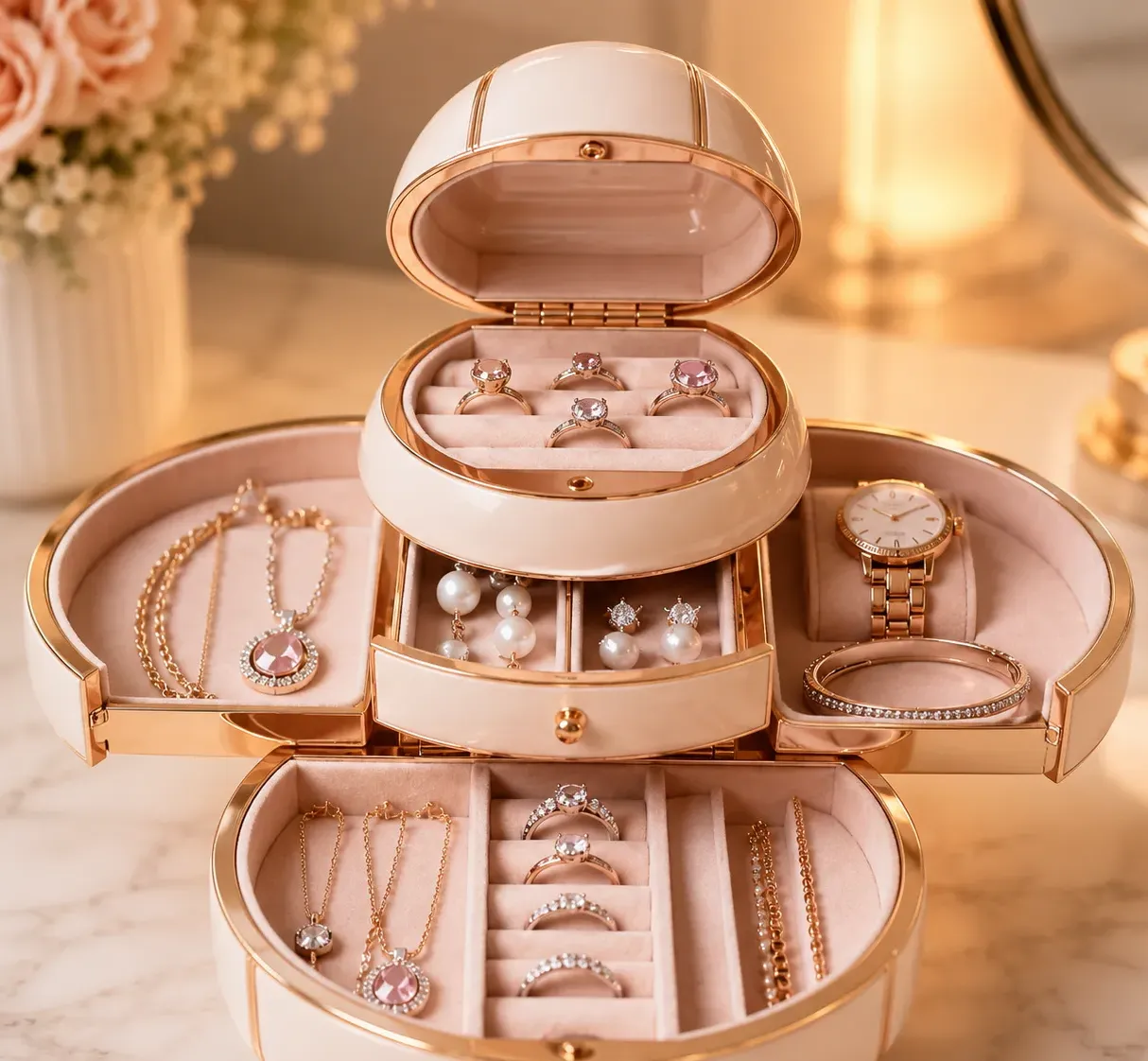 Divided compartments holding rings earrings bracelets watches necklaces and chains