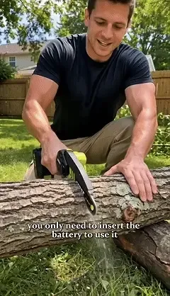 Six-inch cordless mini chainsaw cutting a tree branch