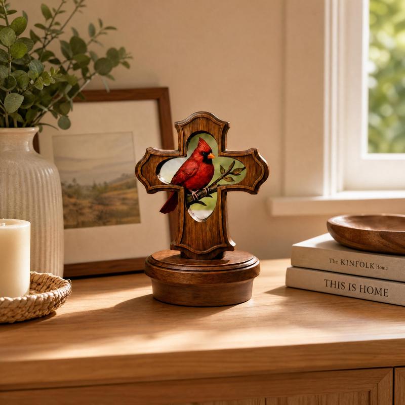 Cardinal cross memorial ornament hanging in a home remembrance space
