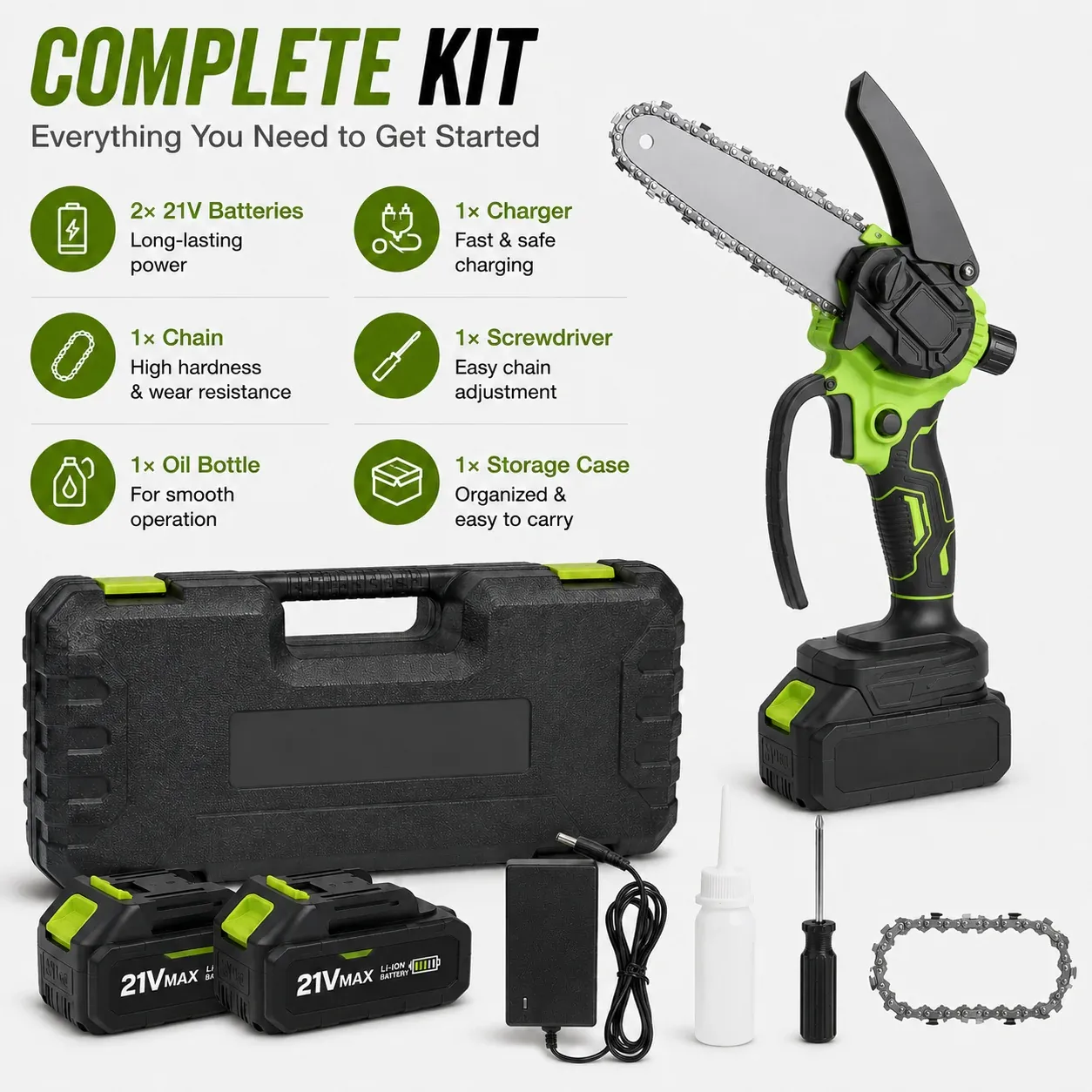 Mini chainsaw kit with two 21V rechargeable batteries