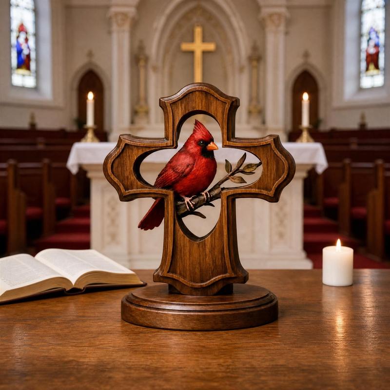 Red cardinal and cross remembrance ornament