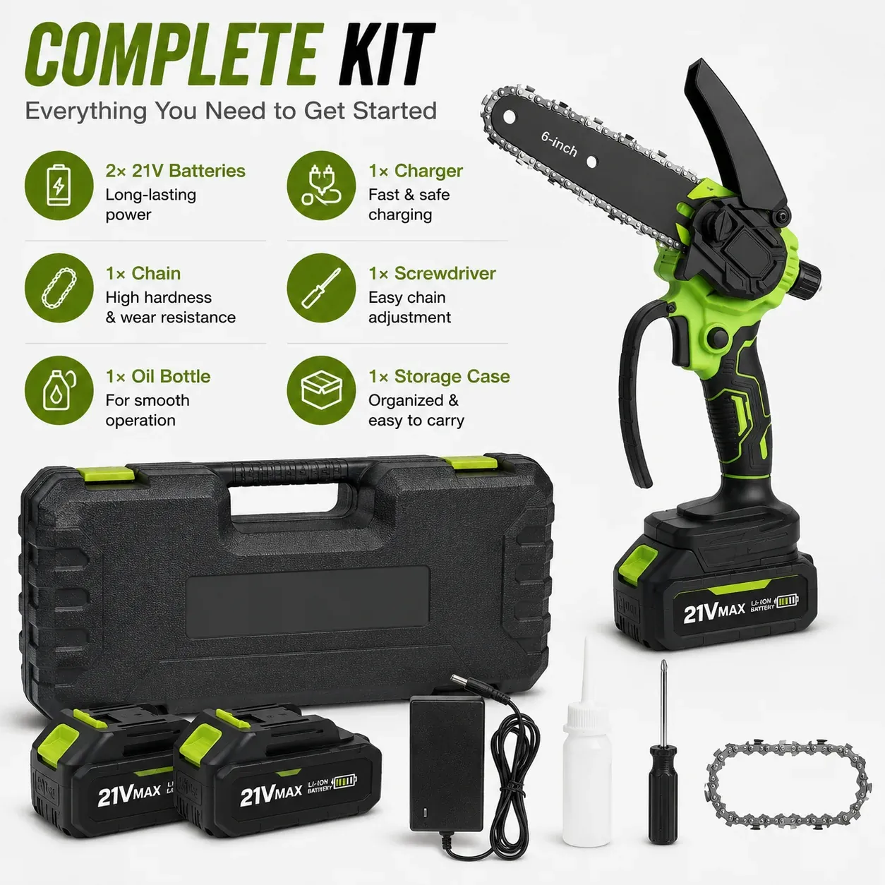 Mini chainsaw kit stored in included PE carrying case