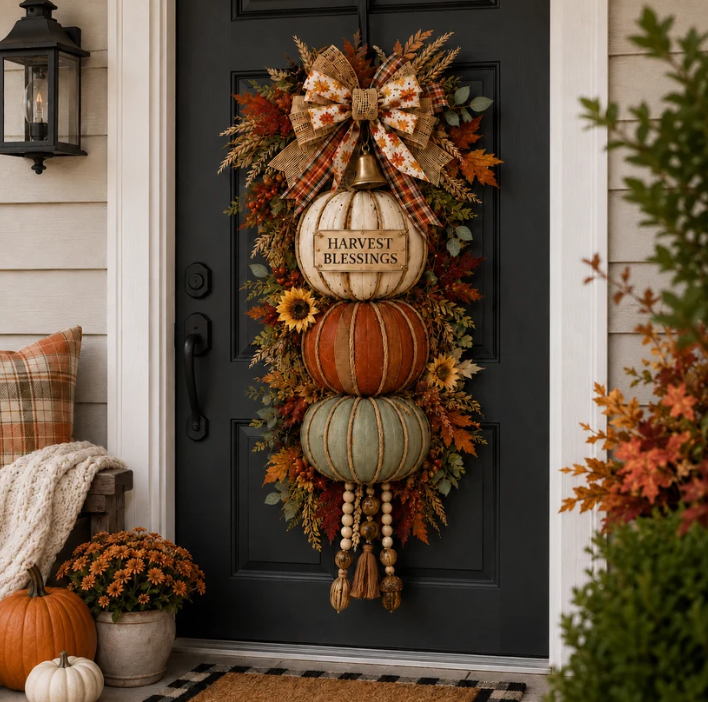 🏠 🎃 Lighted Stacked Pumpkin Fall Door Decor with 3 Seasonal Plaques