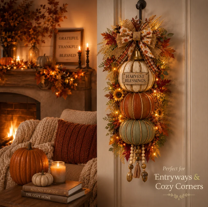🏠 🎃 Lighted Stacked Pumpkin Fall Door Decor with 3 Seasonal Plaques