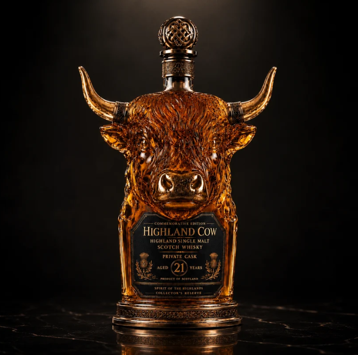 🐂Highland Cow Private   Cask 21 Years Cow Head   Shaped Scotch Whisky   Bottle