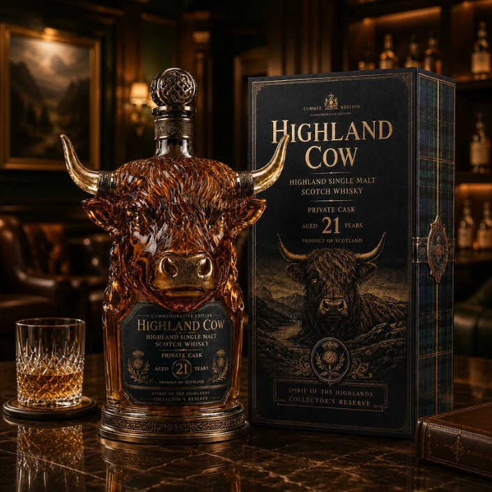 🐂Highland Cow Private   Cask 21 Years Cow Head   Shaped Scotch Whisky   Bottle