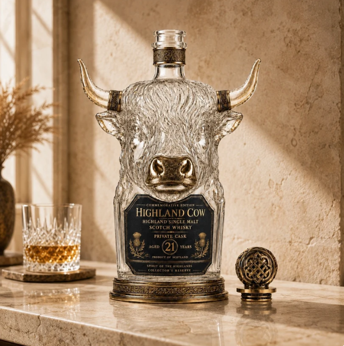 🐂Highland Cow Private   Cask 21 Years Cow Head   Shaped Scotch Whisky   Bottle