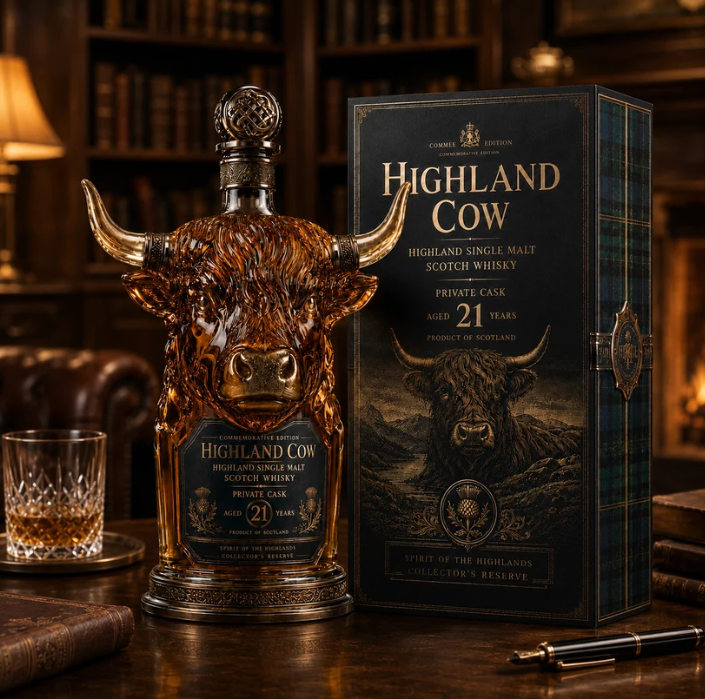 🐂Highland Cow Private   Cask 21 Years Cow Head   Shaped Scotch Whisky   Bottle