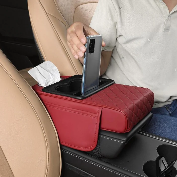 🚗 Car Center Console Organizer – PU Leather Armrest Box with Side Storage & Cup Holder