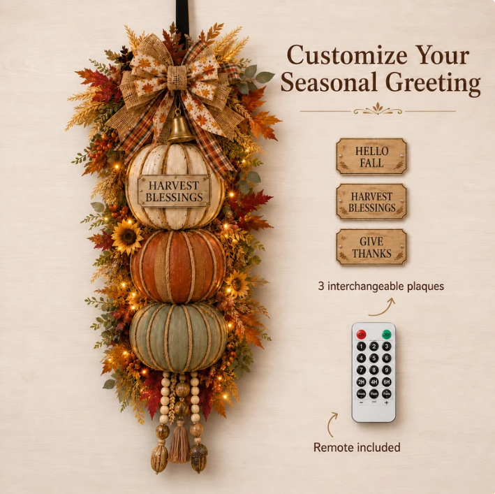 🏠 🎃 Lighted Stacked Pumpkin Fall Door Decor with 3 Seasonal Plaques