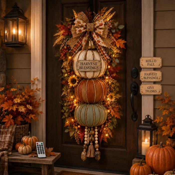 🏠 🎃 Lighted Stacked Pumpkin Fall Door Decor with 3 Seasonal Plaques