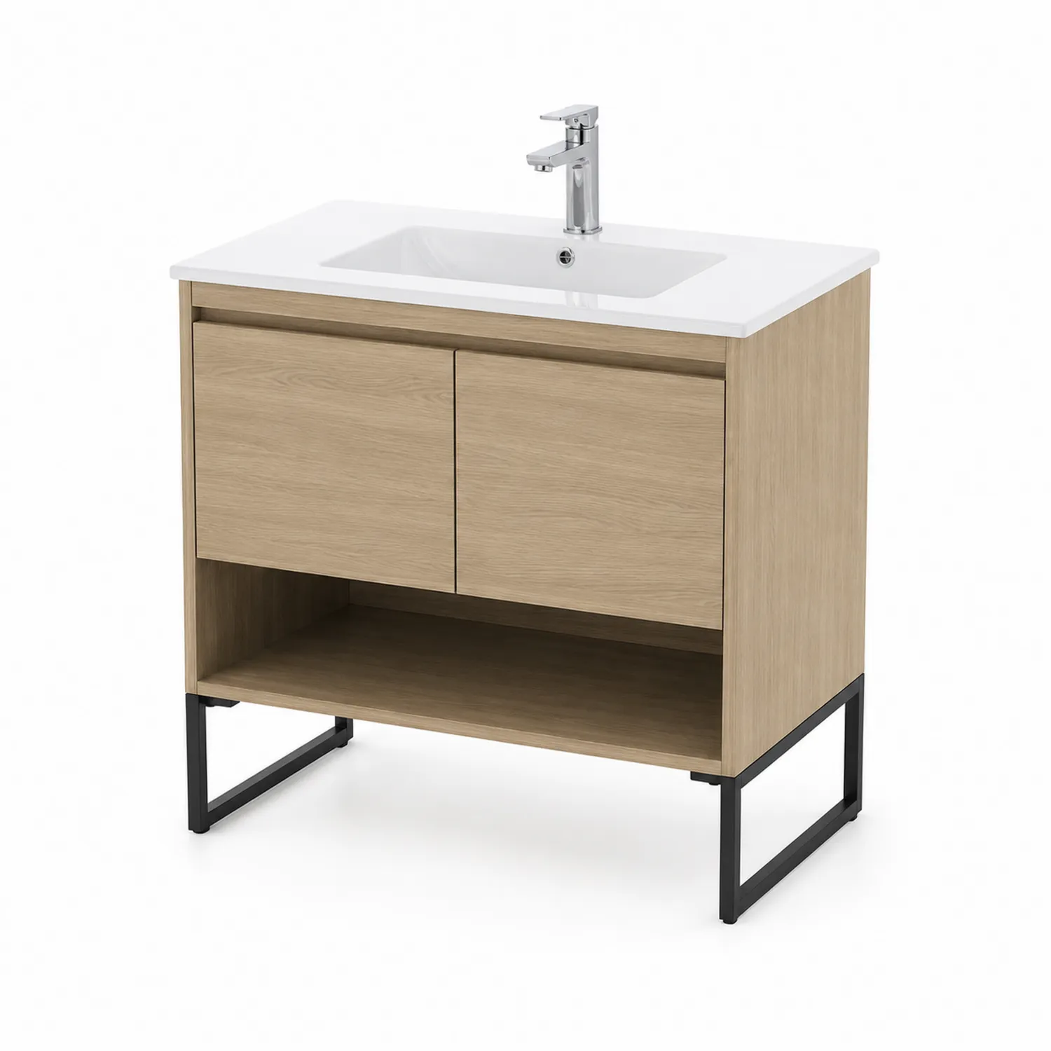 Szafka łazienkowa z drewna dębowego z ceramicznym blatem i metalowymi nogami