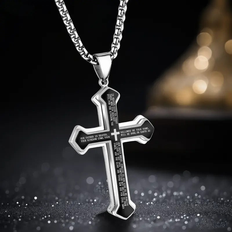 The Lord's Prayer Engraved Cross Necklace | Christian Faith Gift for Men & Women