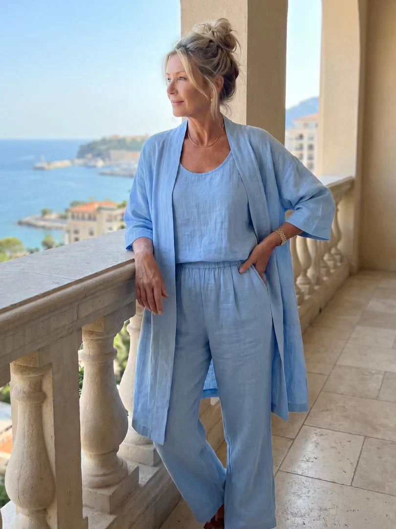 Linen Matching Set for Women – Duster Cardigan, Tank & Wide-Leg Pants – Effortless Resort Wear