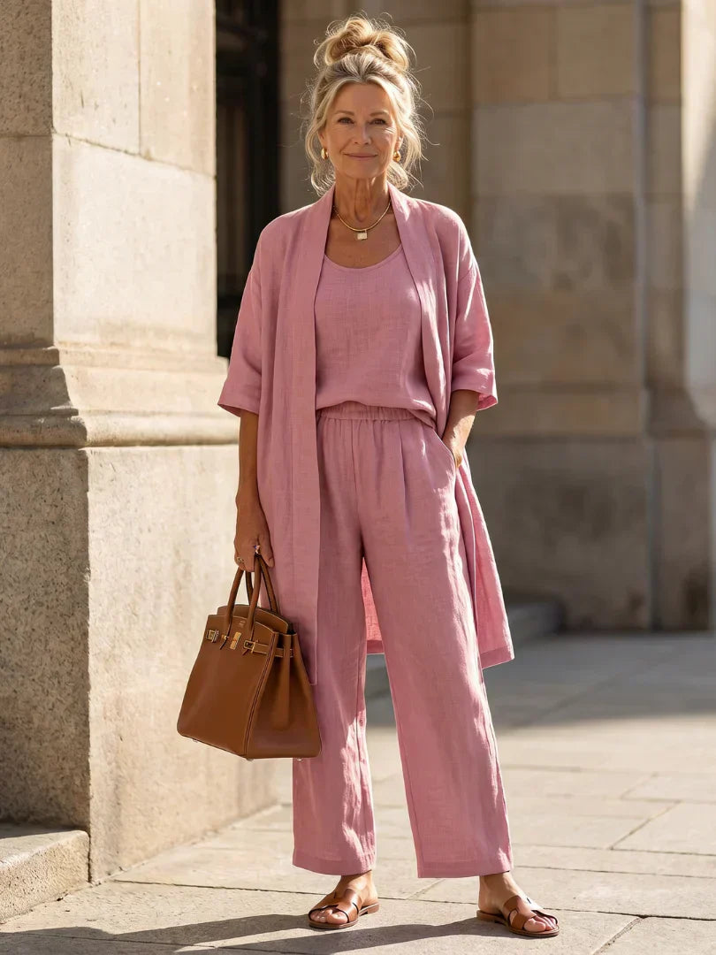 Linen Matching Set for Women – Duster Cardigan, Tank & Wide-Leg Pants – Effortless Resort Wear