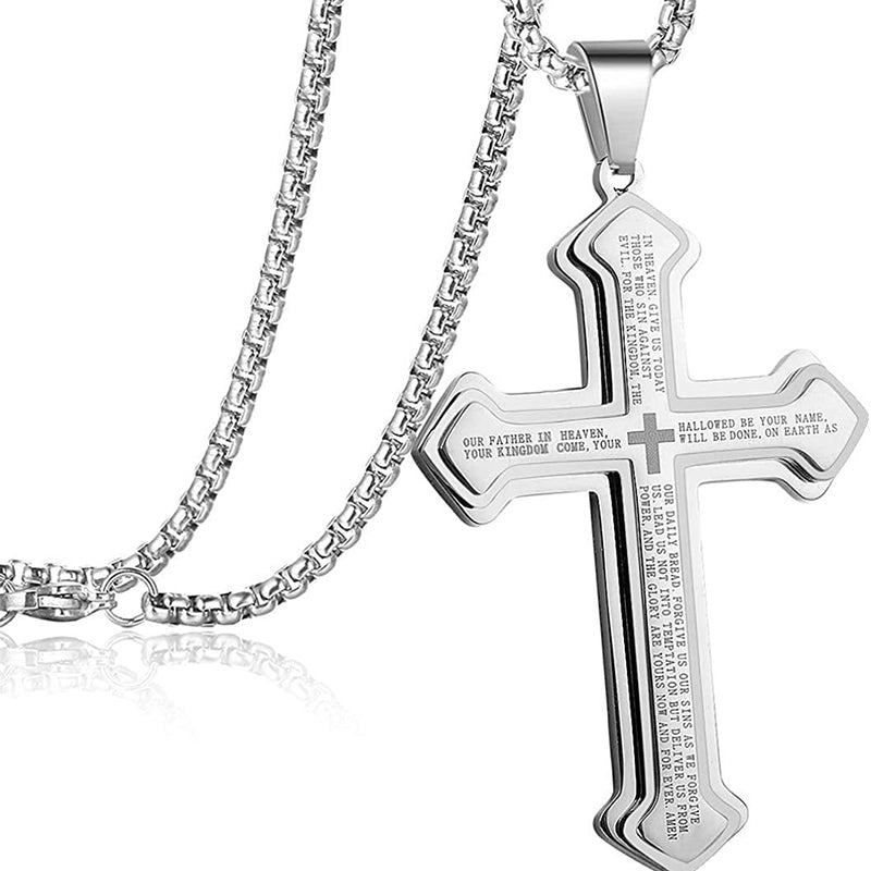 The Lord's Prayer Engraved Cross Necklace | Christian Faith Gift for Men & Women