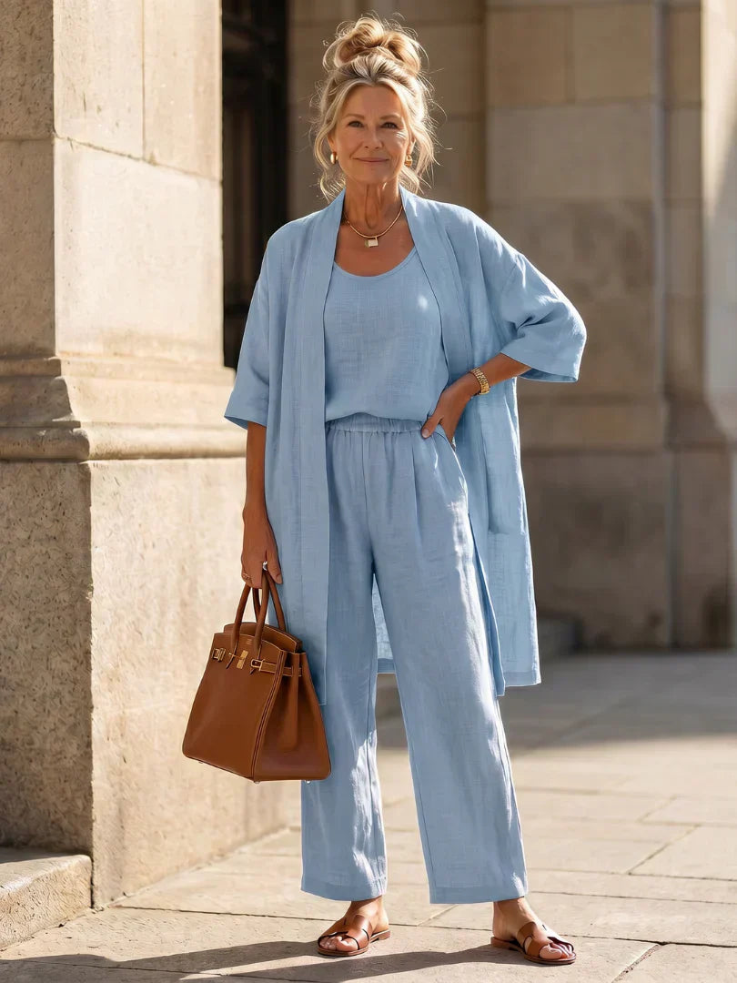 Linen Matching Set for Women – Duster Cardigan, Tank & Wide-Leg Pants – Effortless Resort Wear